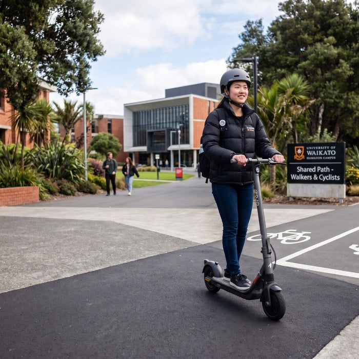 Electric scooter rider on Hamilton footpath following NZ road rules