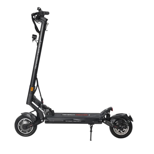 Black - Teverun Fighter Q dual motor electric scooter in matte black and yellow accents full side view