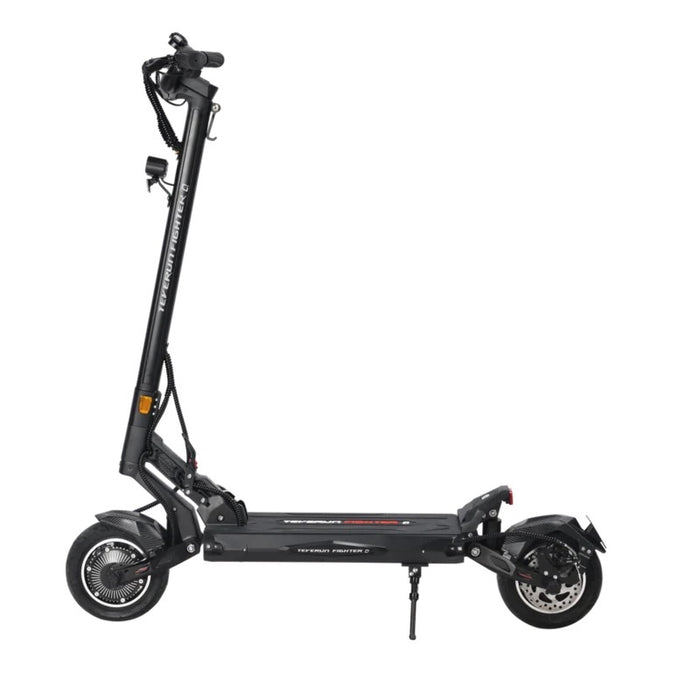 Black - Teverun Fighter Q dual motor electric scooter in matte black and yellow accents full side view
