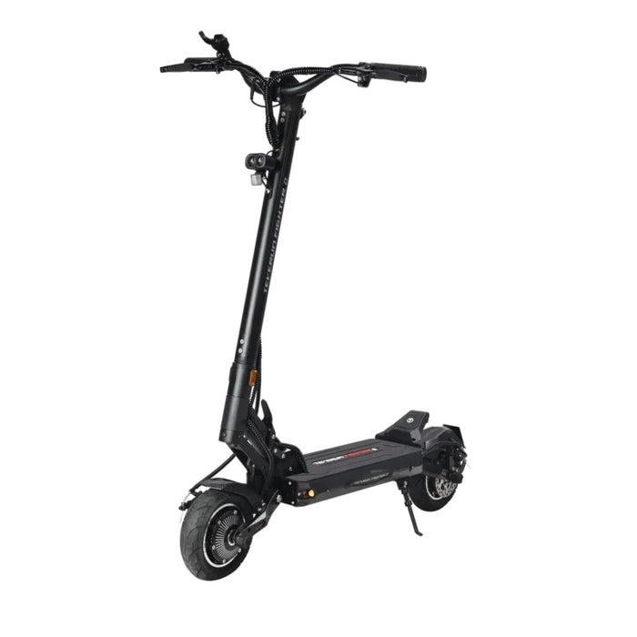 Black - Teverun Fighter Q electric scooter with black tactical stem and signature yellow suspension details