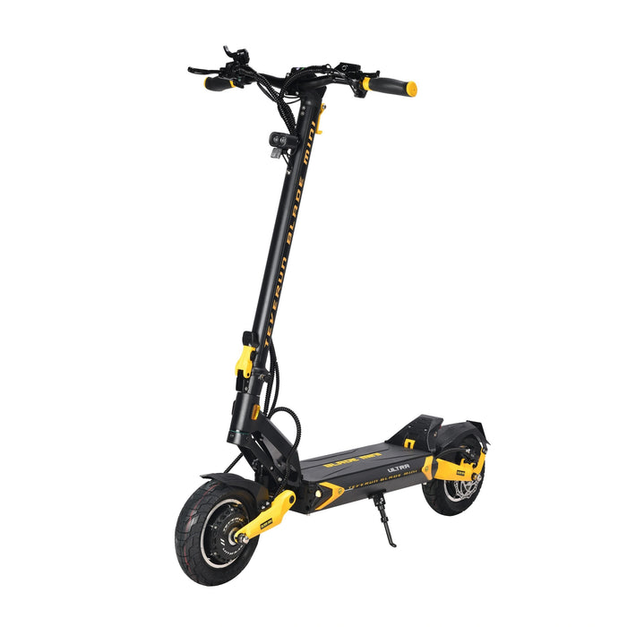 Black/Yellow - Teverun Blade Mini Ultra V2 electric scooter parked against a clean city background, showcasing its striking dual-tone frame.