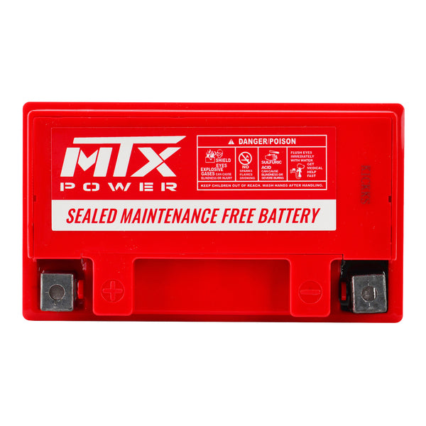 N/A - Front view of an MTX Power XT12 Sealed Maintenance Free Battery with a bright red top casing, black body, and clear silver terminals on to
