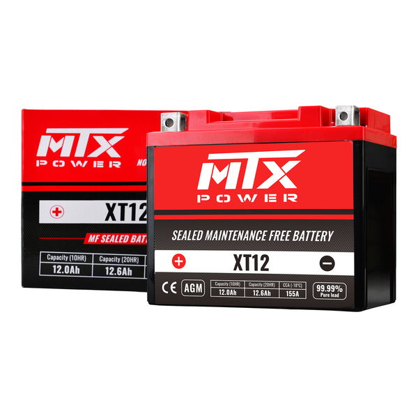 N/A - MTX Power XT12 12V AGM motorcycle battery against a white background. The front label shows technical specifications including 12.0Ah capacity, 155A CCA, and a "99.99% Pure Lead" badge