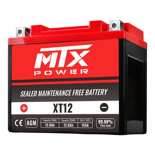 N/A - MTX Power XT12 red and black sealed AGM maintenance-free battery.