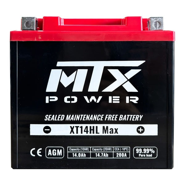 N/A - MTX Power XT14HL Max 12V AGM motorcycle battery on a white background. The front label highlights technical specs including 14.0Ah capacity, 200A CCA, and a "99.99% Pure Lead" badge.