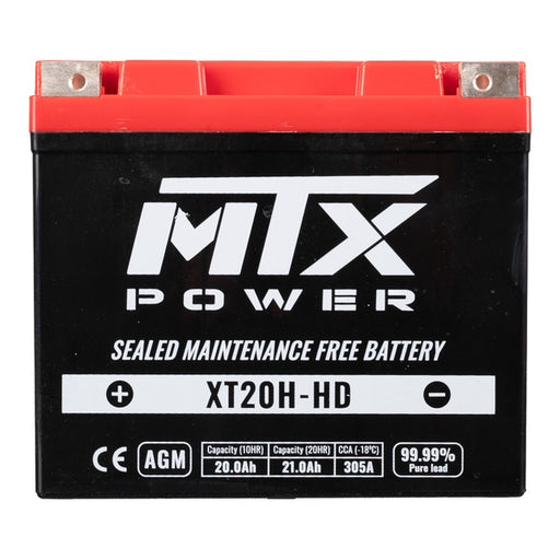 N/A - Front view of an MTX Power XT20H-HD Heavy Duty Sealed Maintenance Free Battery with a bright red top cover, black casing, and top corner silver terminals.