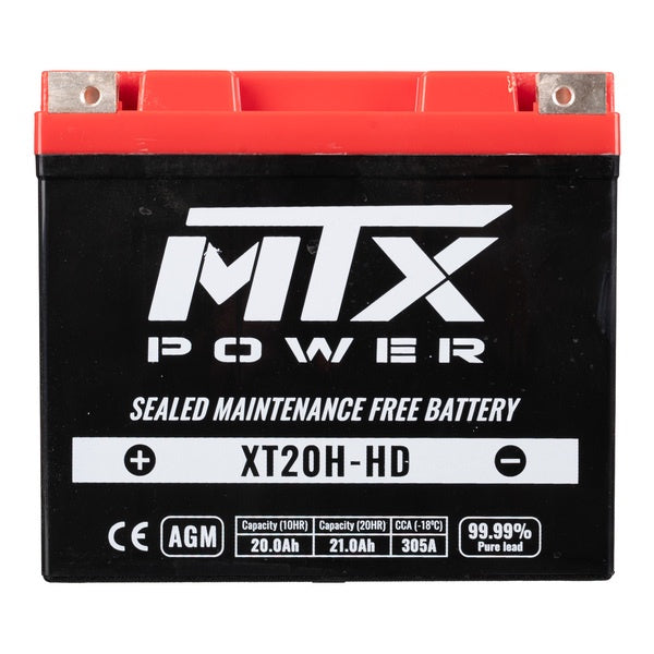 N/A - Front view of an MTX Power XT20H-HD Heavy Duty Sealed Maintenance Free Battery with a bright red top cover, black casing, and top corner silver terminals.