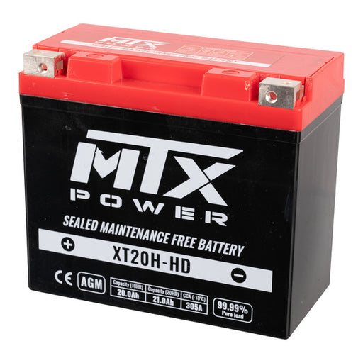 N/A - MTX Power XT20H-HD 12V heavy-duty AGM motorcycle battery on a white background. Front label shows technical specifications including 20.0Ah capacity, 305A CCA, and a "99.99% Pure Lead" badge.