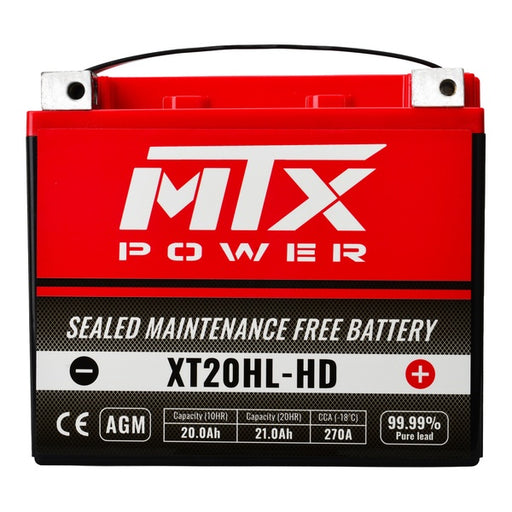 N/A - MTX Power XT20HL-HD 12V heavy-duty AGM motorcycle battery on a white background. The front label shows technical specifications including 20.0Ah capacity, 270A CCA, and a "99.99% Pure Lead" badge.