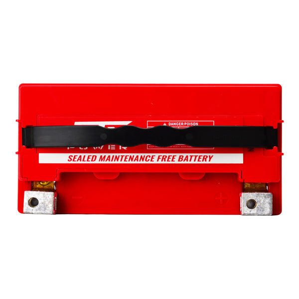 N/A -  Front view of an MTX Power XT20HL-HD Heavy Duty Sealed Maintenance Free Battery with a bright red top casing, black body, and a black carrying strap attached across the top terminals.