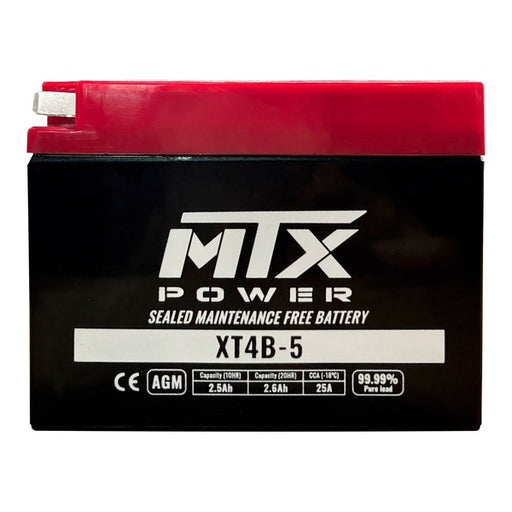 N/A - MTX Power XT4B-5 12V AGM motorcycle battery on a white background. The black front label details technical specs including 2.5Ah capacity, 25A CCA, and a "99.99% Pure Lead" badge.