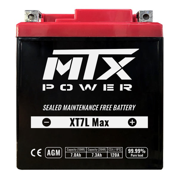 N/A - MTX Power XT7L Max 12V AGM motorcycle battery on a white background. The front label displays specifications including 7.0Ah capacity, 120A CCA, and a "99.99% Pure Lead" badge.