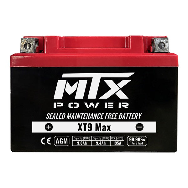 N/A - Front view of an MTX Power XT9 Max Sealed Maintenance Free Battery with a dark red top cover, black body, and top-mounted silver terminals.
