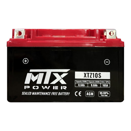 N/A - Front view of an MTX Power XTZ10S Sealed Maintenance Free Battery with a dark red top casing, black body, and silver top terminals.