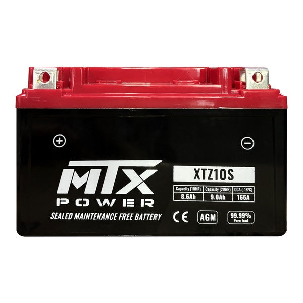 N/A - Front view of an MTX Power XTZ10S Sealed Maintenance Free Battery with a dark red top casing, black body, and silver top terminals.