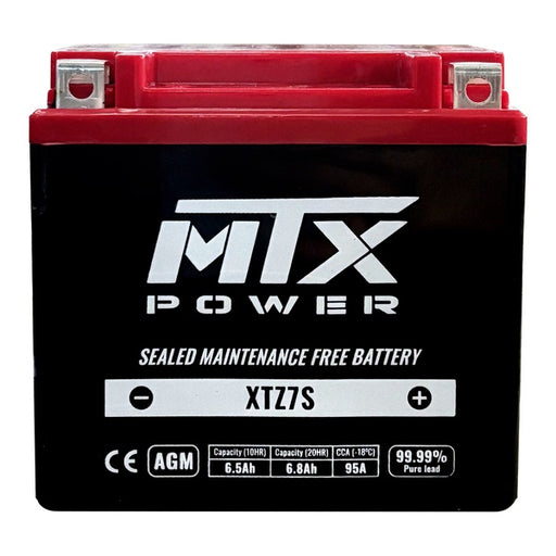 N/A - MTX Power XTZ7S 12V AGM motorcycle battery on a white background. The front label shows technical specifications including 6.5Ah capacity, 95A CCA, and a "99.99% Pure Lead" badge.
