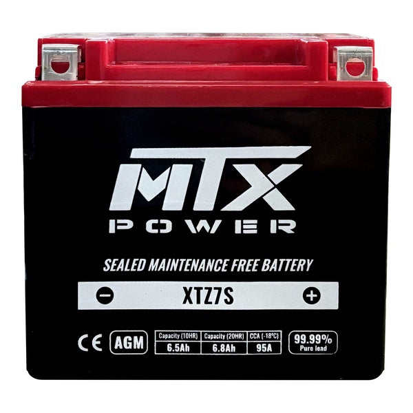 N/A - MTX Power XTZ7S 12V AGM motorcycle battery on a white background. The front label shows technical specifications including 6.5Ah capacity, 95A CCA, and a "99.99% Pure Lead" badge.