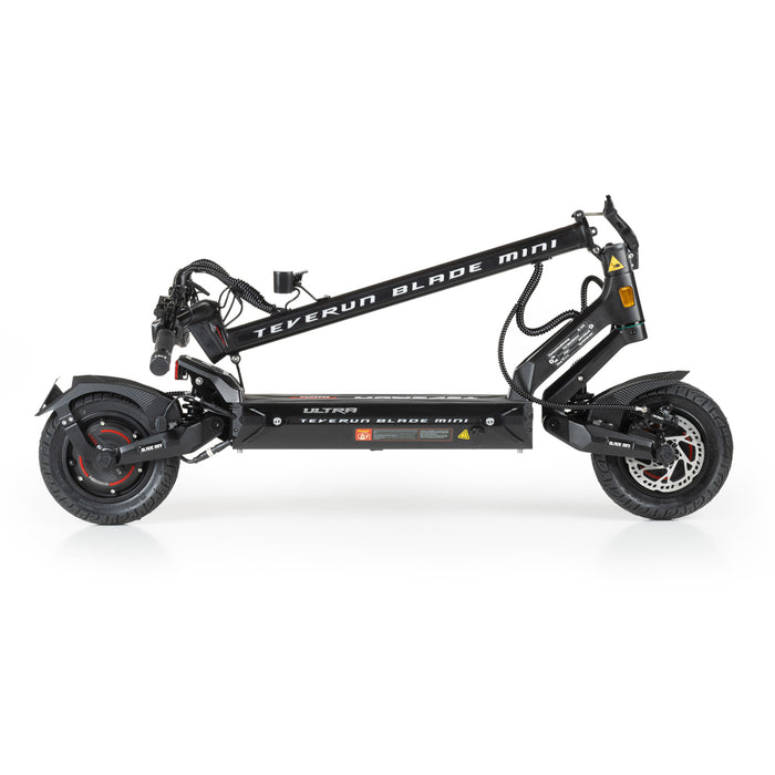 Black - electric scooter folded down into a compact profile, ideal for easy storage in a car trunk or garage.