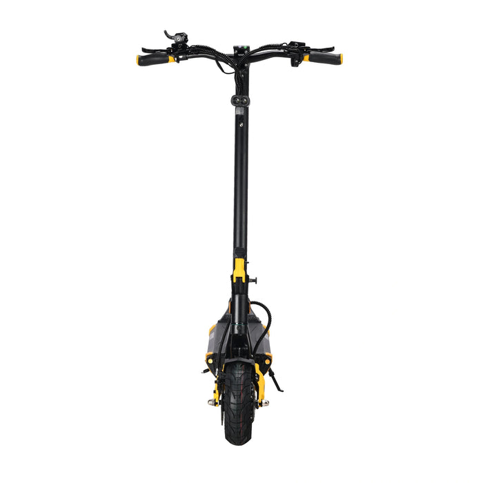 Black/Yellow - high-performance electric scooter viewed from the side, highlighting the bold color contrast on the deck and stem.