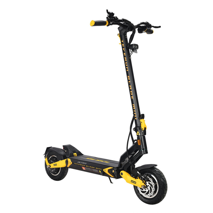 Black/Yellow - handlebar setup featuring ergonomic grips, dual hydraulic brake levers, and a colorful digital display screen.