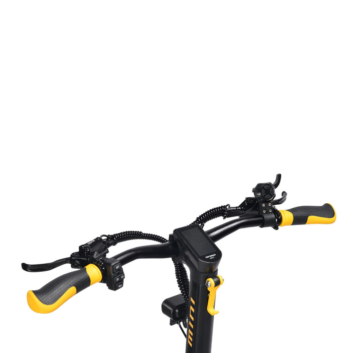 Black/Yellow - front suspension system and rugged tubeless tire designed for smooth terrain handling and maximum stability.