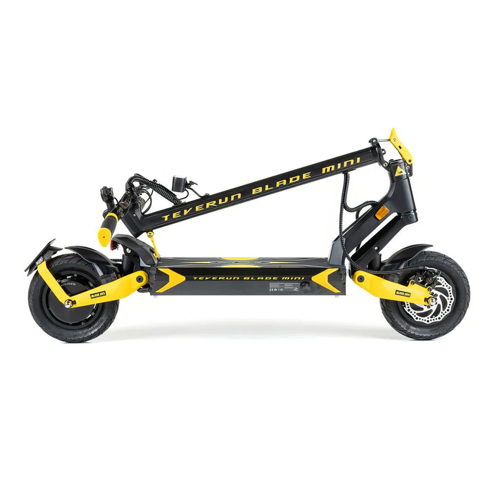 Black/Yellow - electric scooter folded down into a compact profile, ideal for easy storage in a car trunk or garage.