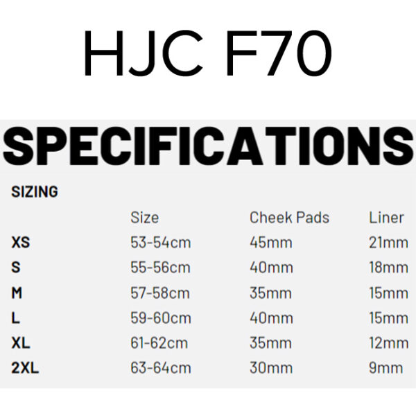 HJC F70 Full Face Helmet SPECIFICATIONS